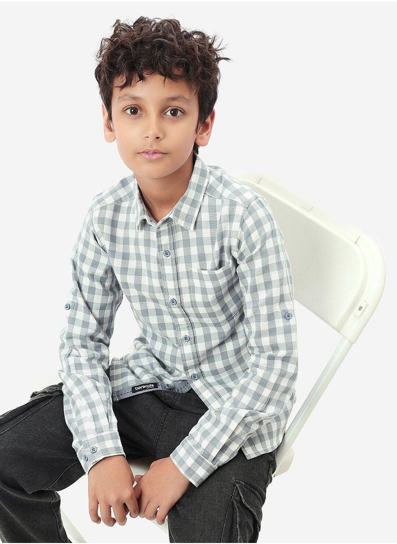 Bonkids Regular Long Sleeve Printed Blue And White Cotton Shirt For Boys 100 % Cotton  - Image 1