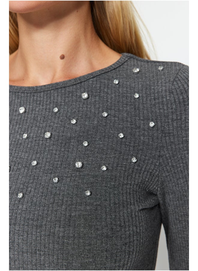 trendyol - Anthracite Stone Detailed Corduroy Stretchy Knitted Body with Snap Snaps TWOAW24BD00043 - Image 1