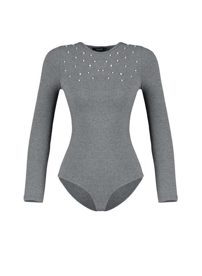 trendyol - Anthracite Stone Detailed Corduroy Stretchy Knitted Body with Snap Snaps TWOAW24BD00043 - Image 1