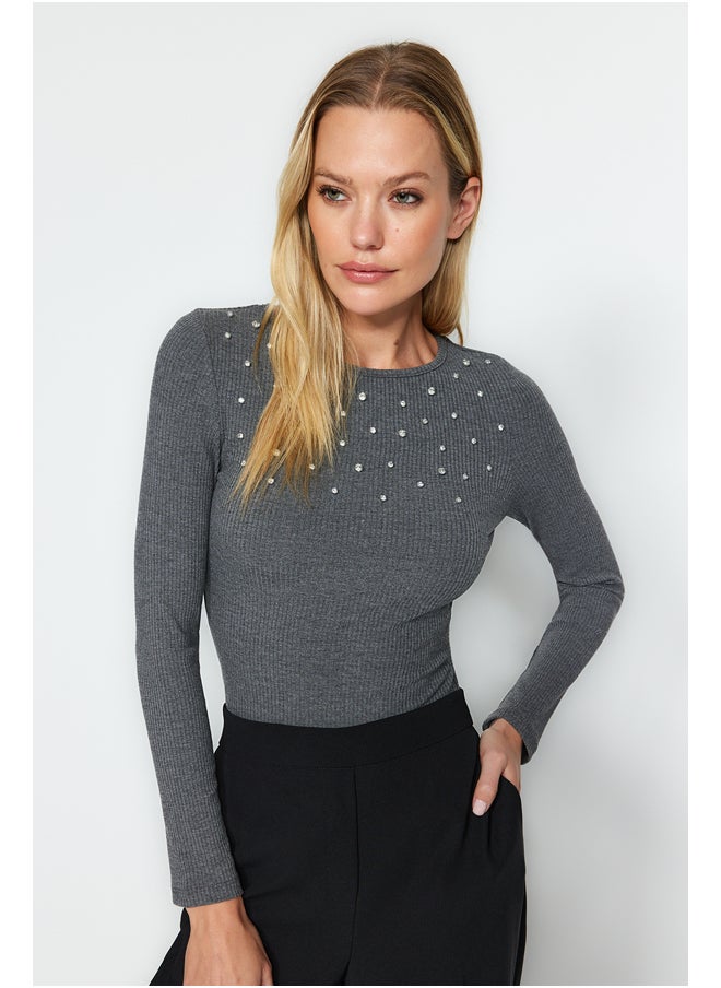 trendyol - Anthracite Stone Detailed Corduroy Stretchy Knitted Body with Snap Snaps TWOAW24BD00043 - Image 1