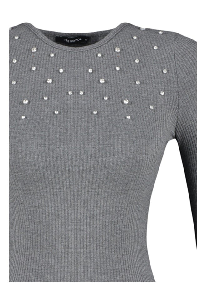 trendyol - Anthracite Stone Detailed Corduroy Stretchy Knitted Body with Snap Snaps TWOAW24BD00043 - Image 1