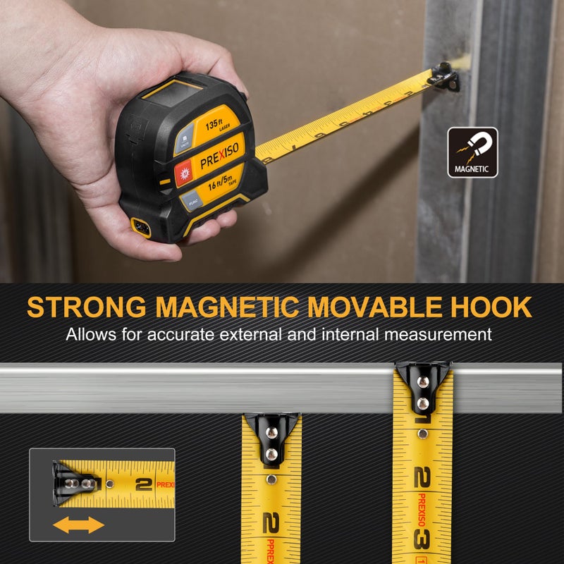 Prexiso PREXISO 2-in-1 Laser Tape Measure - NOT DIGITAL TAPE - 135Ft Rechargeable Laser Measurement Tool & 16Ft Measuring Tape Movable Magnetic Hook - Pythagorean, Area, Volume, Ft/Ft+in/in/M Unit-NOT Digital  - Image 5