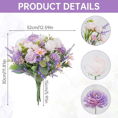 HO2NLE Fake Flower Bouquet Purple Artificial Silk Flower Arrangements Faux Rose Peony Flowers for Bridal Bouquets Wedding Table Centerpieces Funeral Summer Decor - Image 3