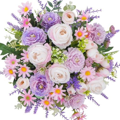 HO2NLE Fake Flower Bouquet Purple Artificial Silk Flower Arrangements Faux Rose Peony Flowers for Bridal Bouquets Wedding Table Centerpieces Funeral Summer Decor - Image 1