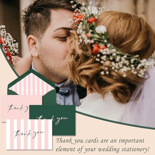 AZAZA Thank You Cards with Envelopes Striped 24 Pcs, Pink Thank You Cards Bulk Baby Shower Girl, Wedding Green and Pink Blank Notes for Bridal Shower - Image 3
