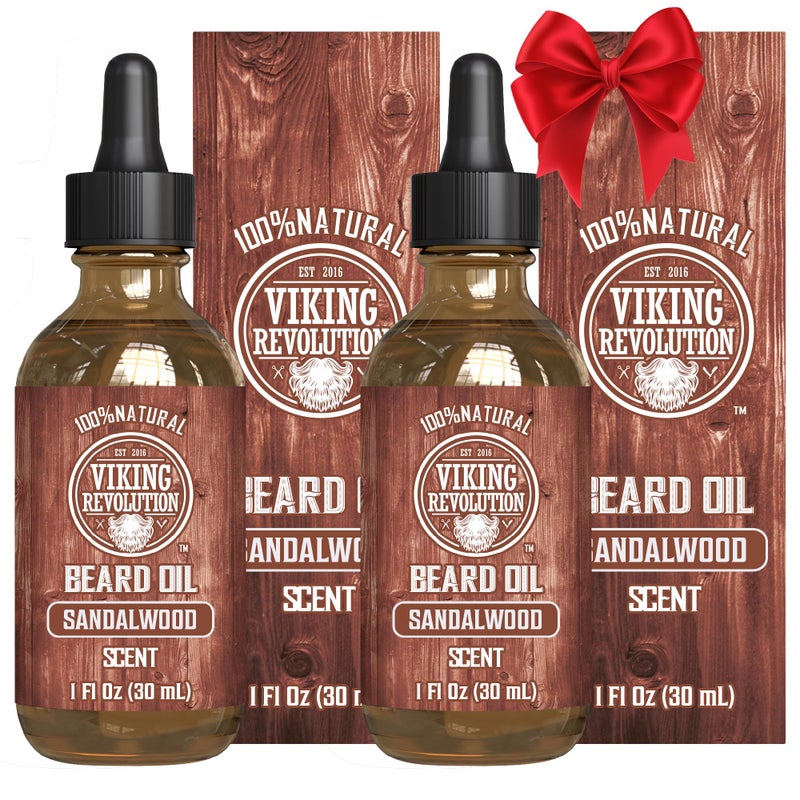 Viking Revolution Sandalwood Beard Oil for Men - Natural Mens Beard Oil with Argan Oil and Jojoba Oil - Beard Softener, Strengthens and Moisturizes - Beard Conditioner for Men (Sandalwood, 2 Pack) - Image 1
