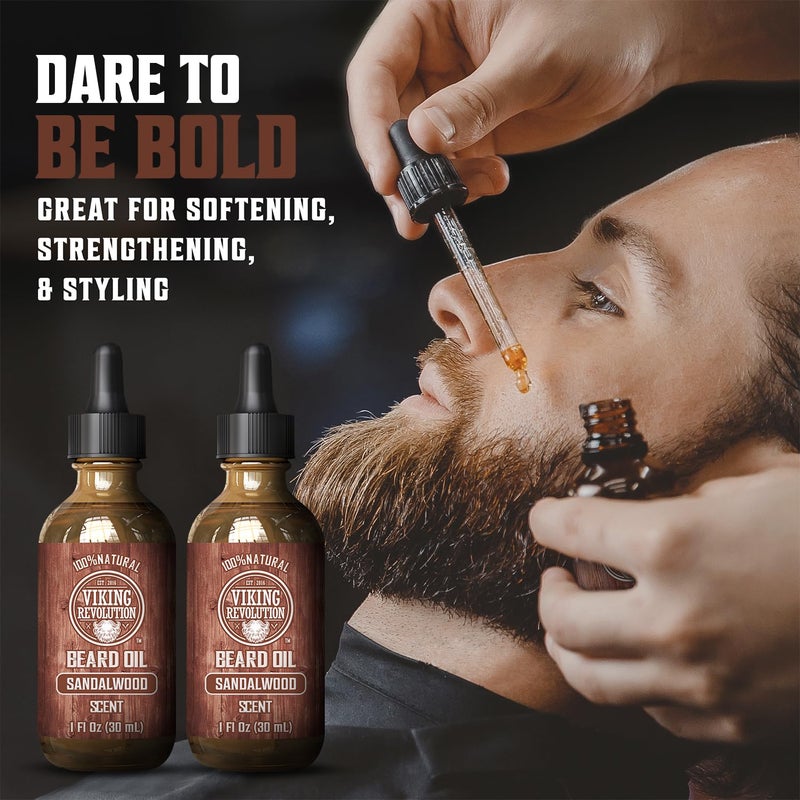 Viking Revolution Sandalwood Beard Oil for Men - Natural Mens Beard Oil with Argan Oil and Jojoba Oil - Beard Softener, Strengthens and Moisturizes - Beard Conditioner for Men (Sandalwood, 2 Pack) - Image 2