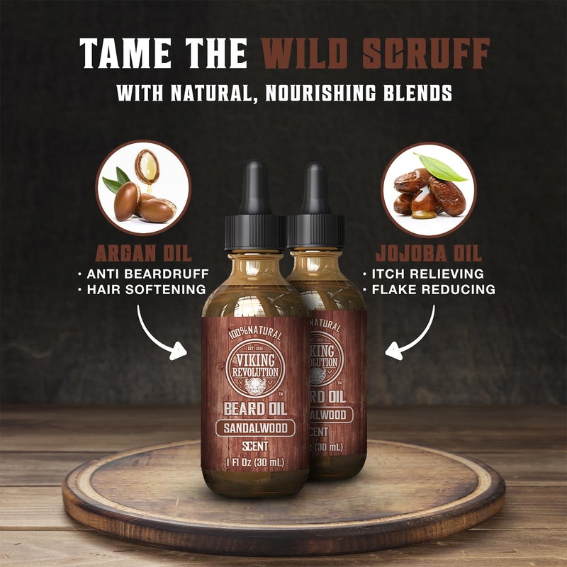 Viking Revolution Sandalwood Beard Oil for Men - Natural Mens Beard Oil with Argan Oil and Jojoba Oil - Beard Softener, Strengthens and Moisturizes - Beard Conditioner for Men (Sandalwood, 2 Pack) - Image 3