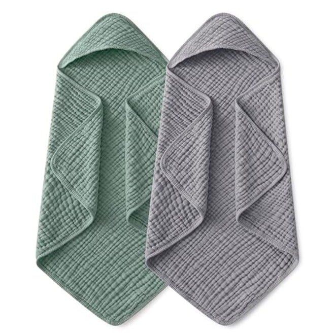 Yoofoss Hooded Baby Bath Towels 2 Pack - 100% Muslin Organic Cotton, Soft & Absorbent for Newborn, Babies, Toddlers, 32x32 Inch, Beige & Coffee