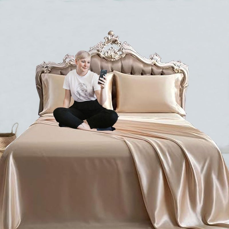 Xpower Silk Bedsheet 3-Piece Set - Luxury Silk Sheets for Superior Comfort and Body Care - Hypoallergenic flat Bed Sheet with 2 Pillowcases (Amber Gold, King (U.S. Standard)) - Image 1