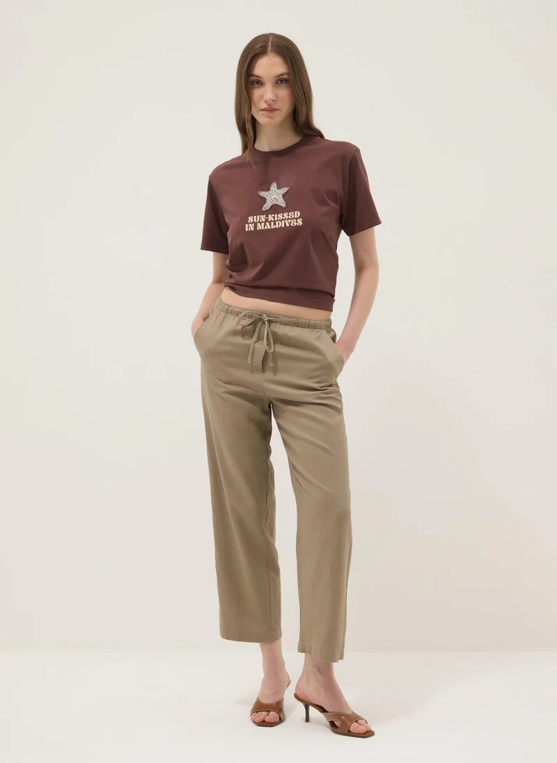 او في اس OVS Brown Short-Sleeved Pure Cotton T-Shirt