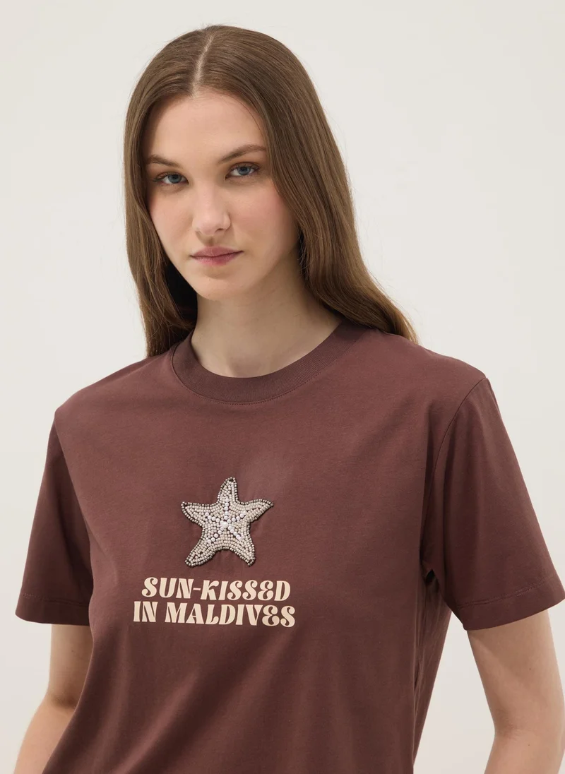 Ovs  OVS Brown Short-Sleeved Pure Cotton T-Shirt for Women | Best Price UAE