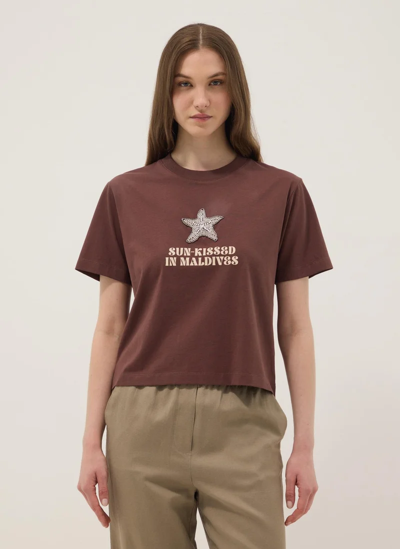 او في اس OVS Brown Short-Sleeved Pure Cotton T-Shirt