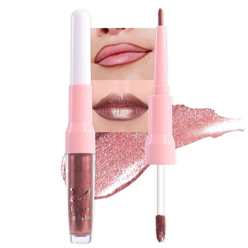 evpct Dark Bronze Metallic Shimmer Lip Liner and Lipstick Combo Lip Gloss Stains Set Makeup for Women Long Lasting Waterproof 24, Iced Mocha Frosted Metallic Glitter Glossy iridescent Liquid Lipstick - Image 2