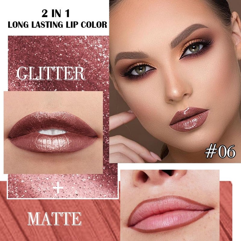 evpct Dark Bronze Metallic Shimmer Lip Liner and Lipstick Combo Lip Gloss Stains Set Makeup for Women Long Lasting Waterproof 24, Iced Mocha Frosted Metallic Glitter Glossy iridescent Liquid Lipstick - Image 4