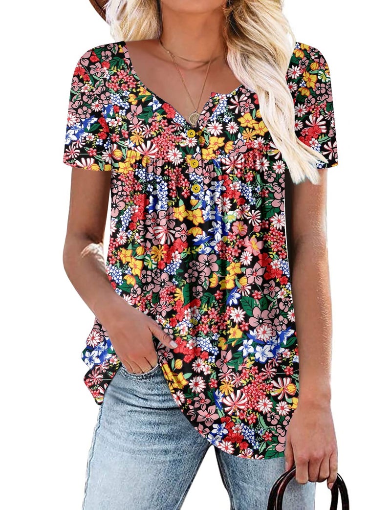 ROSELINLIN Short Sleeve Summer Shirts for Women Flower Print Scoop Henley V Neck Blouse Ladies Red Flower Shirts L - Image 1