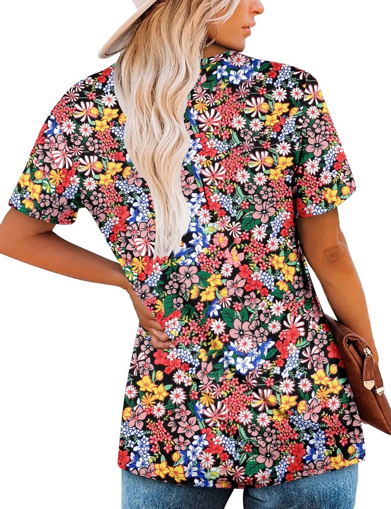 ROSELINLIN Short Sleeve Summer Shirts for Women Flower Print Scoop Henley V Neck Blouse Ladies Red Flower Shirts L - Image 4