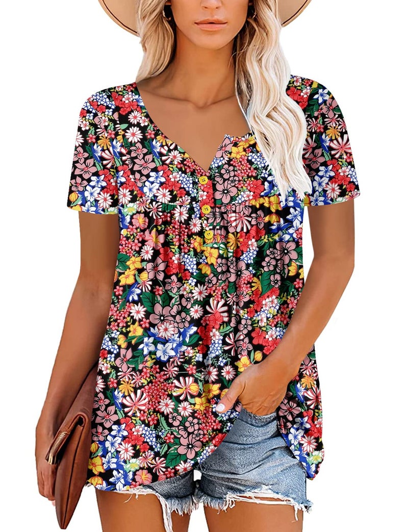 ROSELINLIN Short Sleeve Summer Shirts for Women Flower Print Scoop Henley V Neck Blouse Ladies Red Flower Shirts L - Image 2