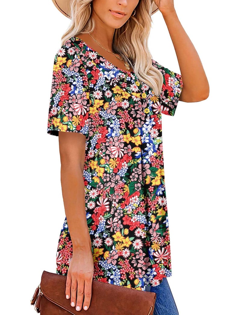 ROSELINLIN Short Sleeve Summer Shirts for Women Flower Print Scoop Henley V Neck Blouse Ladies Red Flower Shirts L - Image 3