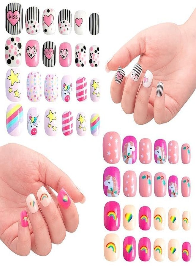 ZEELPETAL Children's Press on Nails Kit - Pre-glue Full Cover Acrylic Fake Nails, Cute Butterfly & Unicorn Glitter Gradient MULTI Designs, Multi Color Press-on Nail Set for Kids & Girls (MULTICOLOR, 48PCS) - Image 1