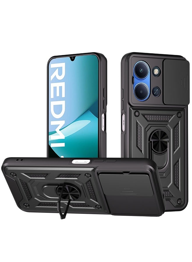 SanHu for Redmi 15C 4G / 5G / Xiaomi POCO C85 4G 171mm Case Cover, Slide Camera Lens Cover, Magnetic Ring Holder Kickstand Protective Phone Case for Redmi 15C 4G/5G 171mm, Black - Image 1