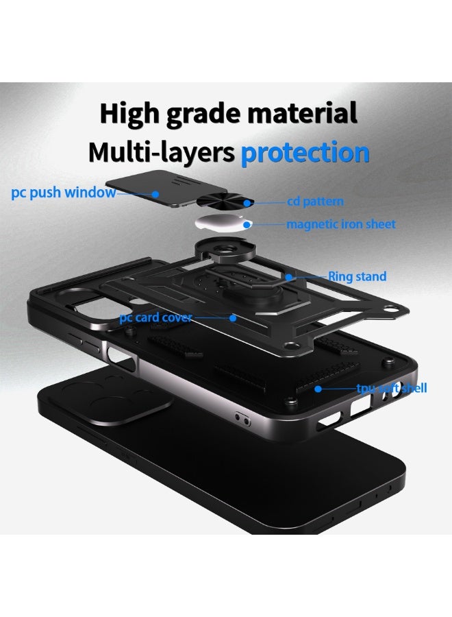 SanHu for Redmi 15C 4G / 5G / Xiaomi POCO C85 4G 171mm Case Cover, Slide Camera Lens Cover, Magnetic Ring Holder Kickstand Protective Phone Case for Redmi 15C 4G/5G 171mm, Black - Image 2