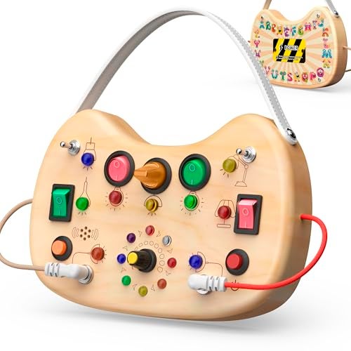 UdoUto Montessori Wooden Busy Board for Toddlers with LED Light Lights SwitchesPortable Activity Board for Car Airplane Travel Toys Christmas Birthday Gift for 13 Year Old Boys Girls - Image 1