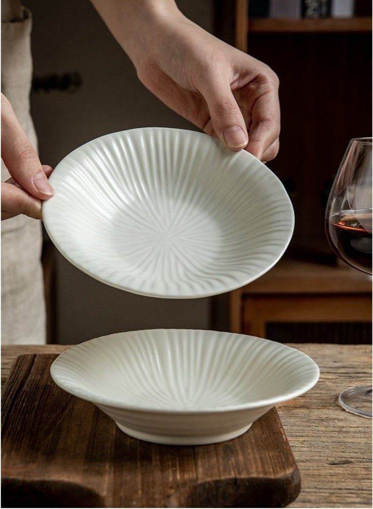 Set of 2 6-Inch White Ceramic Plates Sunburst Textured Matte Shallow Plates 250ml Serving Plates Microwave & Dishwasher Safe for Salad Pasta Dessert Appetizers Home Kitchen Restaurant - Image 1