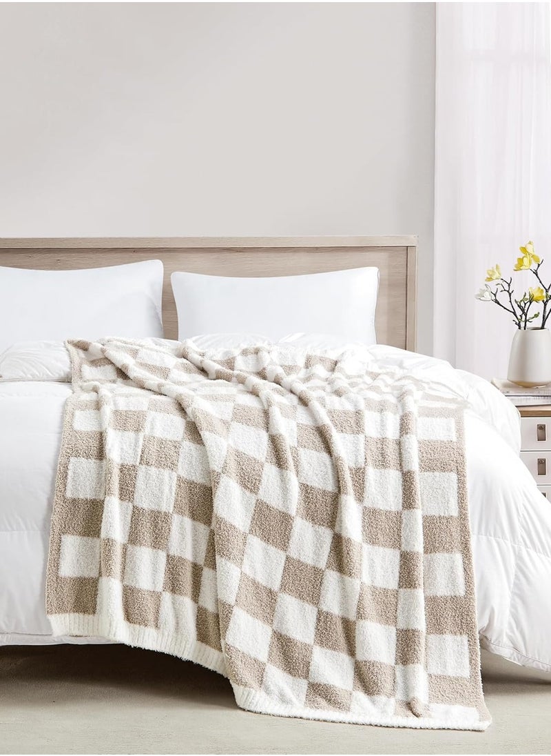 Generic Ultra Soft and Plush Reversible Microfiber Throw Blanket for Couch Sofa and Bed (127x152cm Checkered Beige)  - Image 1