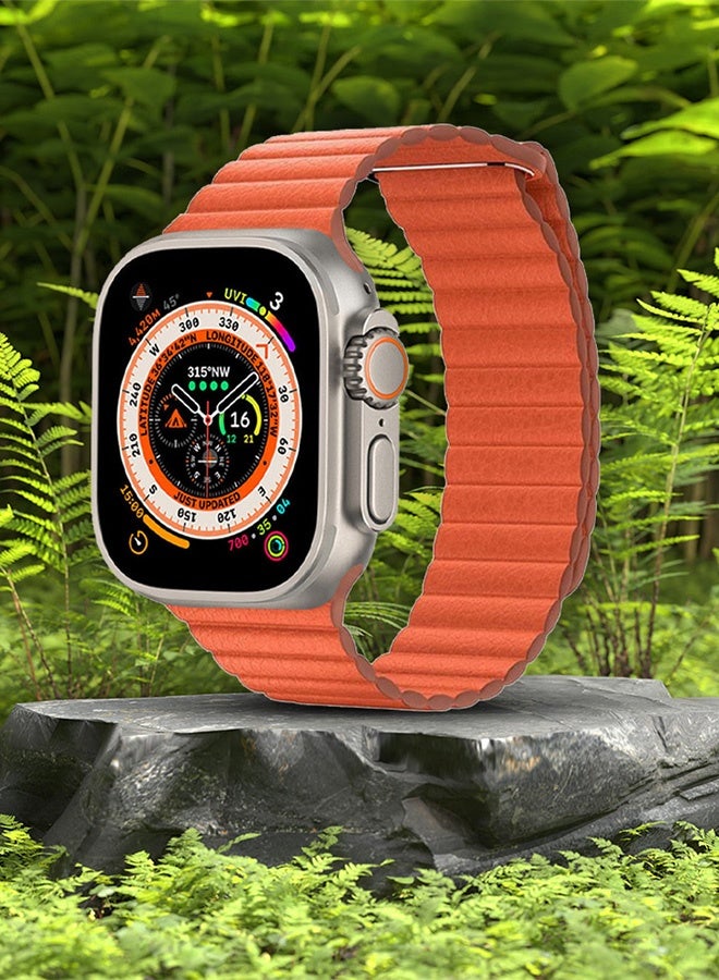 CATANES 49mm 46mm 45mm 44mm Leather Loop Band for Apple Watch Magnetic Watch Strap Wristband - Orange - Image 4