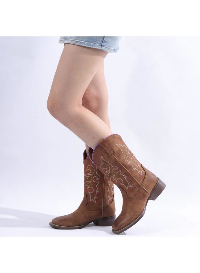 SheSole Women's Cowboy Cowgirl boots Western Square Toe Work Mid Calf Brown, Brown, 8 - Image 2