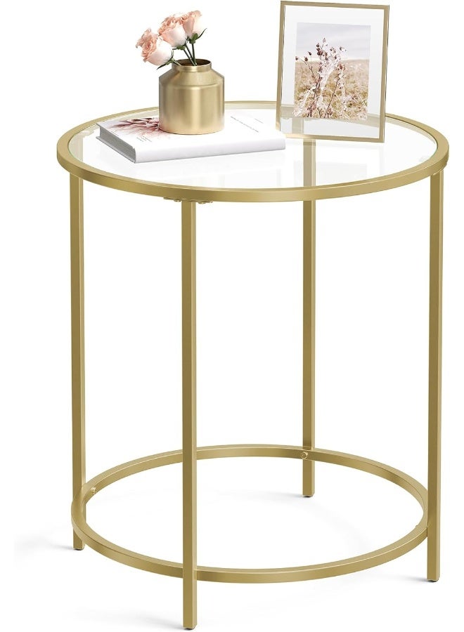 VASAGLE طاولة جانبية دائرية من فاساجل، طاولة قهوة صغيرة، طاولة نهاية من زجاج مقسى مع إطار فولاذي، طاولة سرير، غرفة المعيشة، شرفة، ذهبية معدنية وشفافة - Image 1