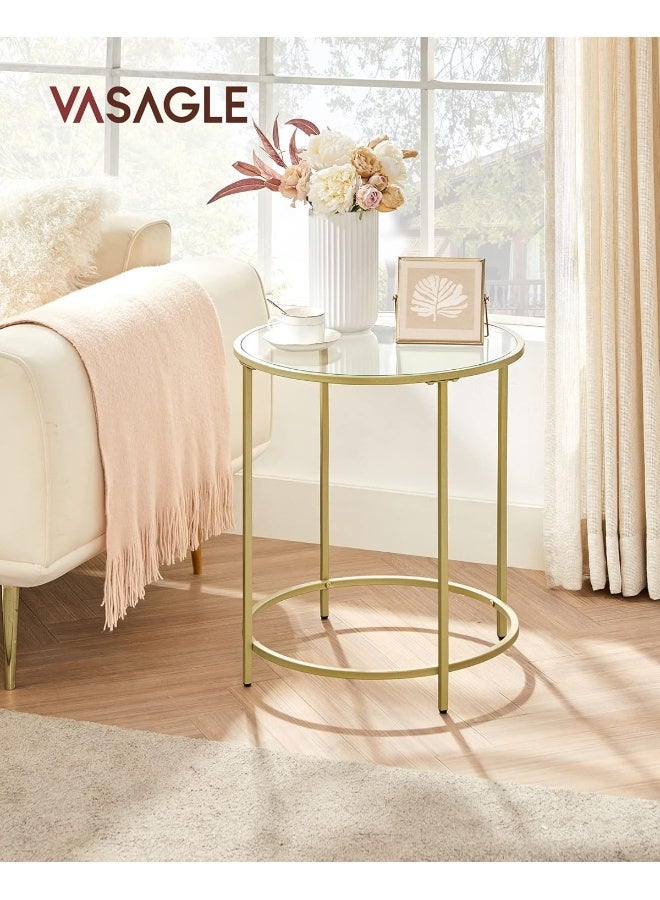 VASAGLE طاولة جانبية دائرية من فاساجل، طاولة قهوة صغيرة، طاولة نهاية من زجاج مقسى مع إطار فولاذي، طاولة سرير، غرفة المعيشة، شرفة، ذهبية معدنية وشفافة - Image 2