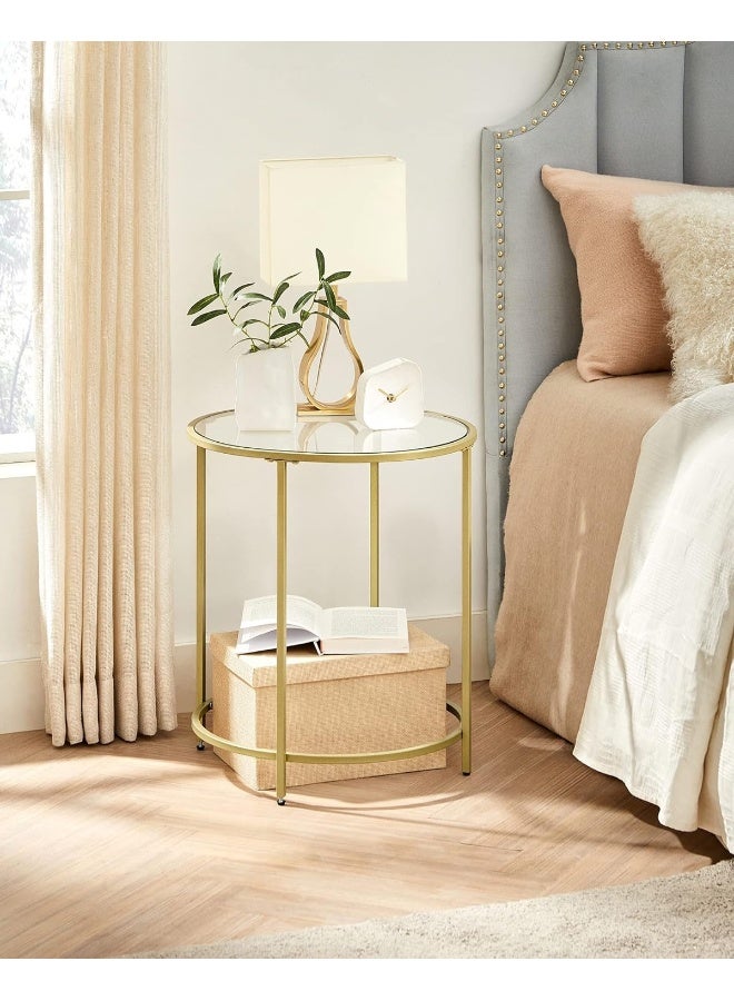 VASAGLE طاولة جانبية دائرية من فاساجل، طاولة قهوة صغيرة، طاولة نهاية من زجاج مقسى مع إطار فولاذي، طاولة سرير، غرفة المعيشة، شرفة، ذهبية معدنية وشفافة - Image 4