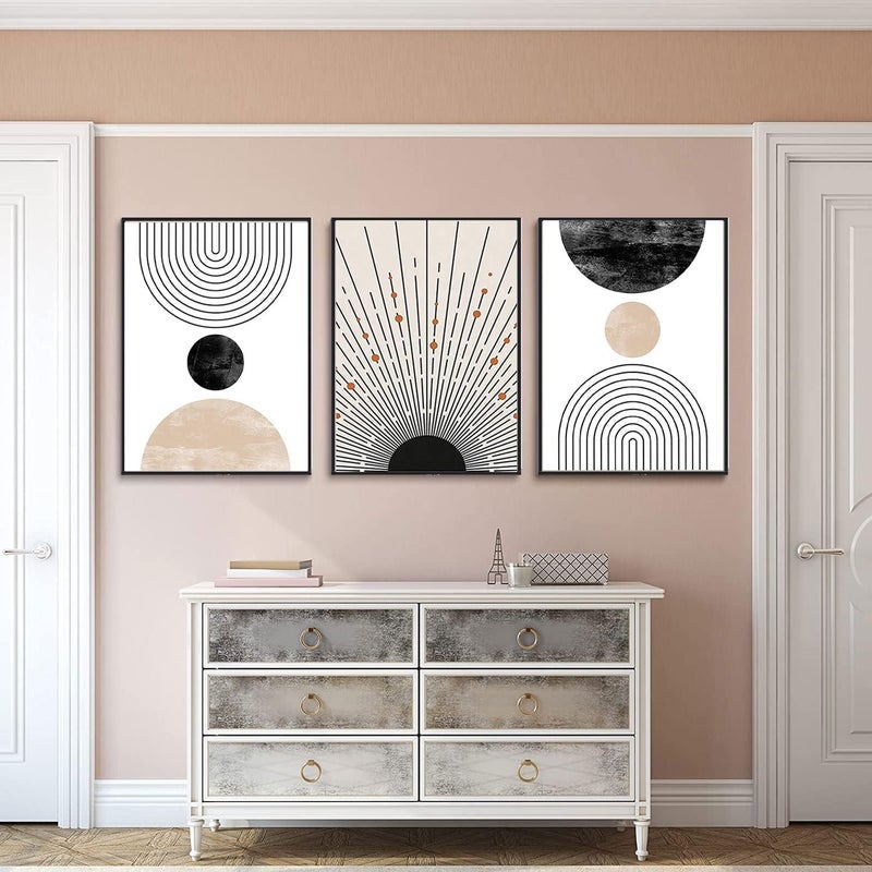LOARTVE 3 Pcs Boho Wall Art Mid Century Modern Neutral Abstract Geometric Line Minimalist Black and White Beige Sun Wall Decor Poster Pictures Prints for Living Room Bedroom Bathroom Office Home Unframed - Image 4