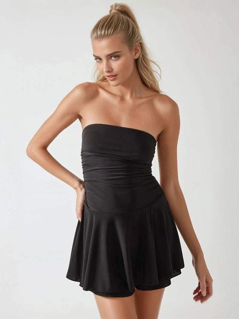 زوبعة فستان قصير بلا حمالات بكشكش