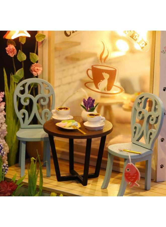 ماجكوو مجموعة بيت الدمية الخشبية المصغرة من MAGQOO مع الأثاث، مجموعة منزل صغير DIY، مجموعة منزل DIY، فكرة غرفة إبداعية مقاومة للغبار (حديقة قهوة القطط)  - Image 5