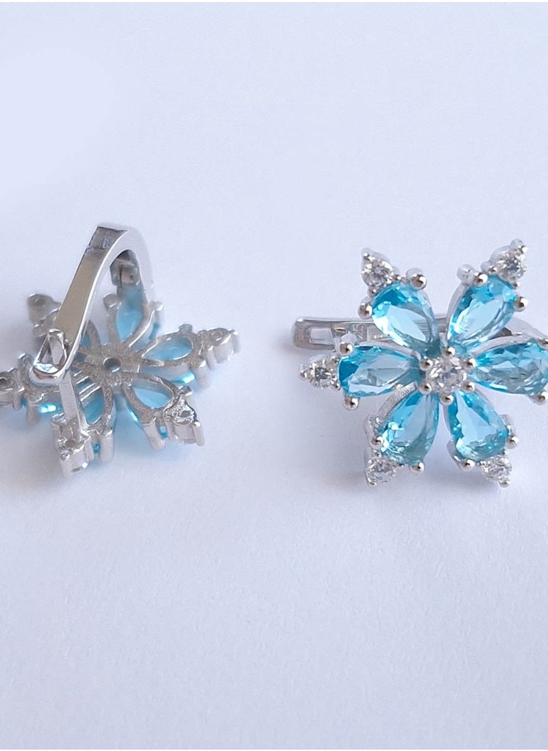 EMNON - 925 Sterling Silver Jewelry Rhodium Plated Lotus Flower Aquamarine CZ Latch Back Earrings 100% Precious Metal Gift for Women- Emnon25EA - Image 1