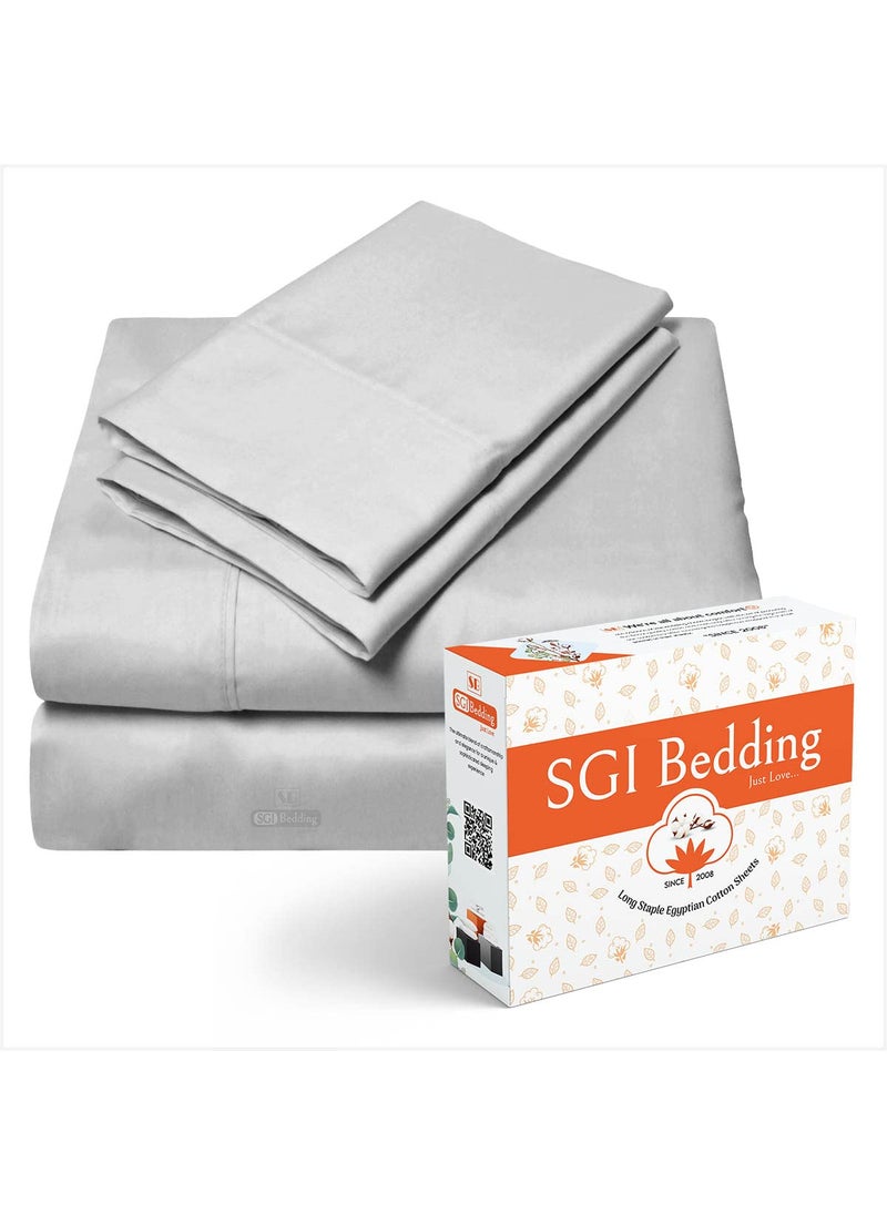SGI bedding SGI 500 TC 100 Egyptian Cotton Bed Sheets Luxurious Soft for Premium Hotel Quality 4Pc Sheet Set  1 Fitted Sheet 1 Flat Sheet  2 Pillowcase 15 inch Deep Pocket Short King Light Grey Solid 