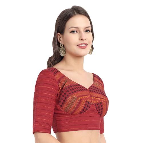 JISB Women's Cotton Sweet Heart Neck Back Open Blouse (Red, 40) - Image 2
