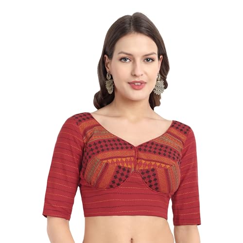 JISB Women's Cotton Sweet Heart Neck Back Open Blouse (Red, 40) - Image 1