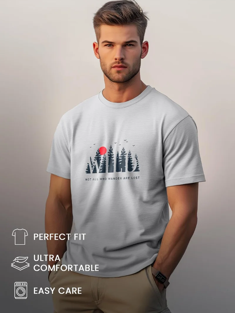 NOBERO Men's Grey Cotton Regular Fit T-Shirt