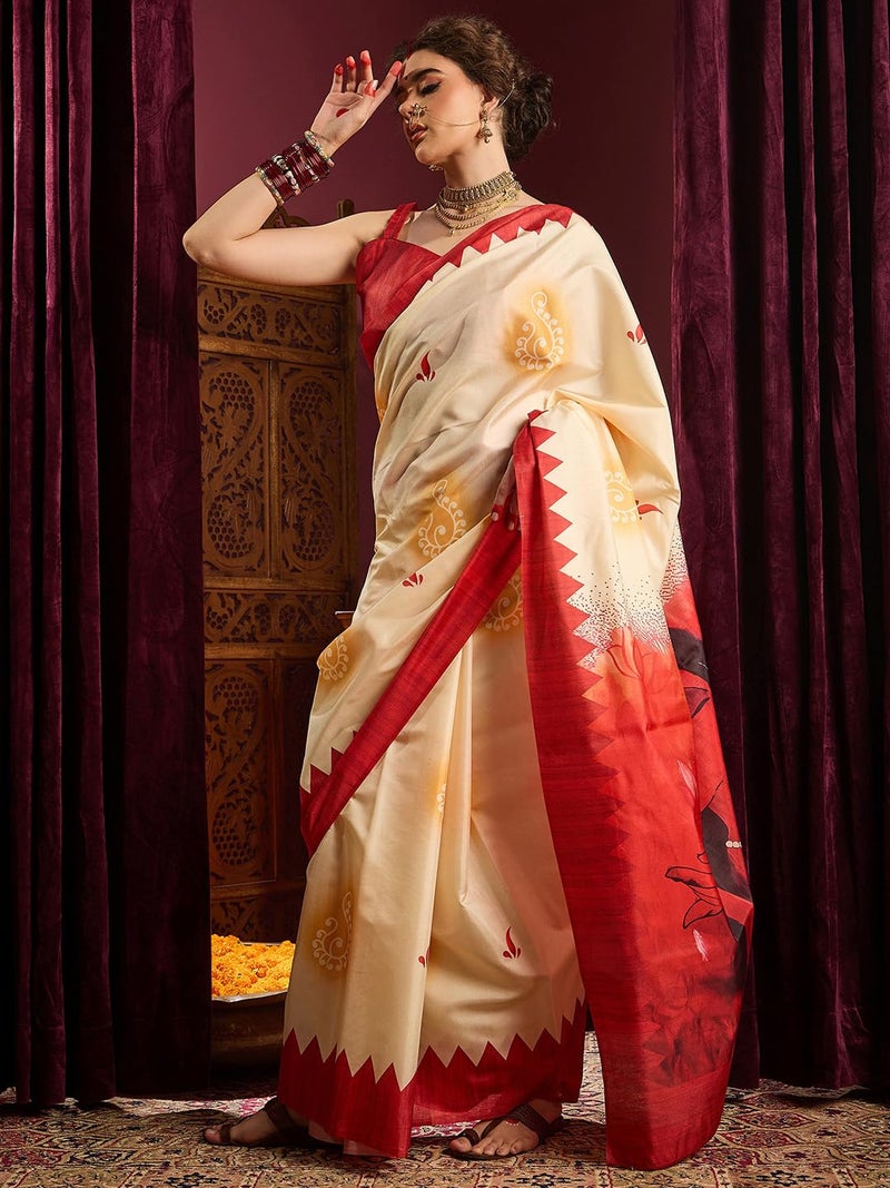 saree mall ساري مول للنساء - ساري مطبوع بنمط إثنيك من مزيج الحرير باللون الأبيض العاجي مع بلوزة غير مخيطة (DURGA2403_HS) - Image 4