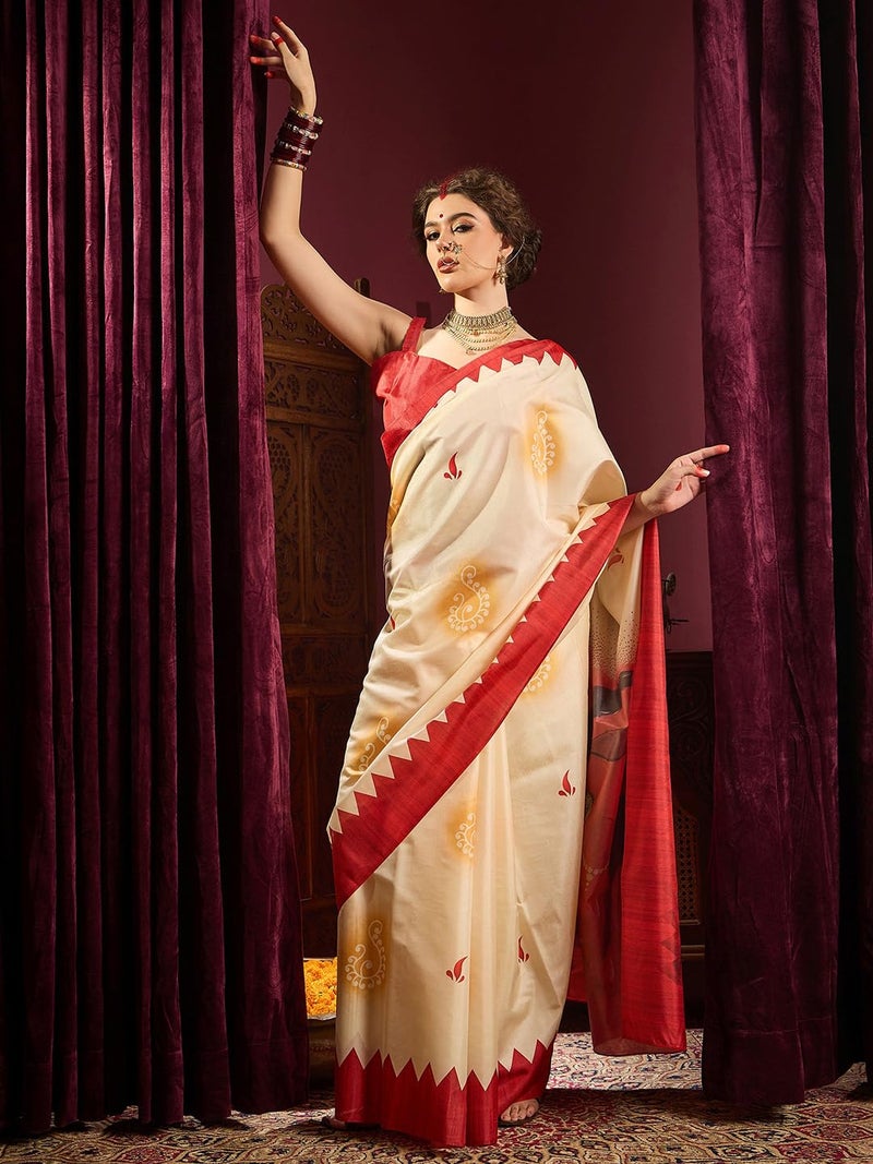 saree mall ساري مول للنساء - ساري مطبوع بنمط إثنيك من مزيج الحرير باللون الأبيض العاجي مع بلوزة غير مخيطة (DURGA2403_HS) - Image 5