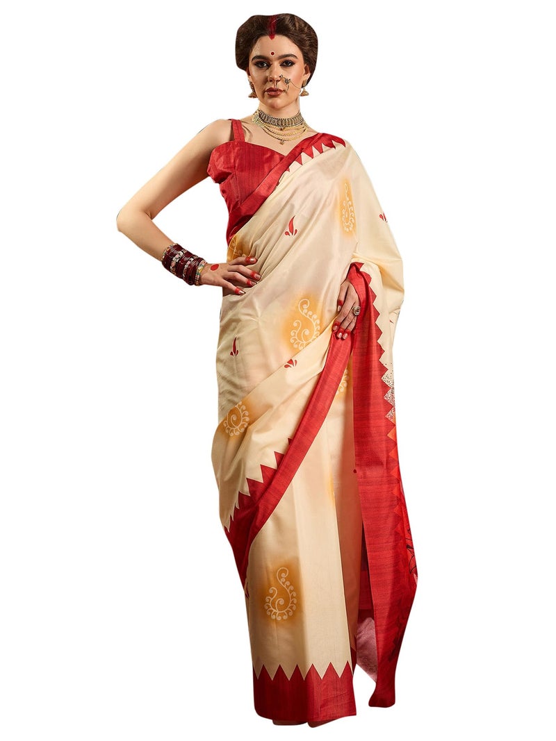 saree mall ساري مول للنساء - ساري مطبوع بنمط إثنيك من مزيج الحرير باللون الأبيض العاجي مع بلوزة غير مخيطة (DURGA2403_HS) - Image 1