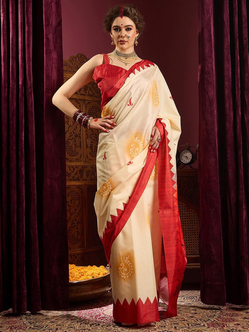 saree mall ساري مول للنساء - ساري مطبوع بنمط إثنيك من مزيج الحرير باللون الأبيض العاجي مع بلوزة غير مخيطة (DURGA2403_HS) - Image 3