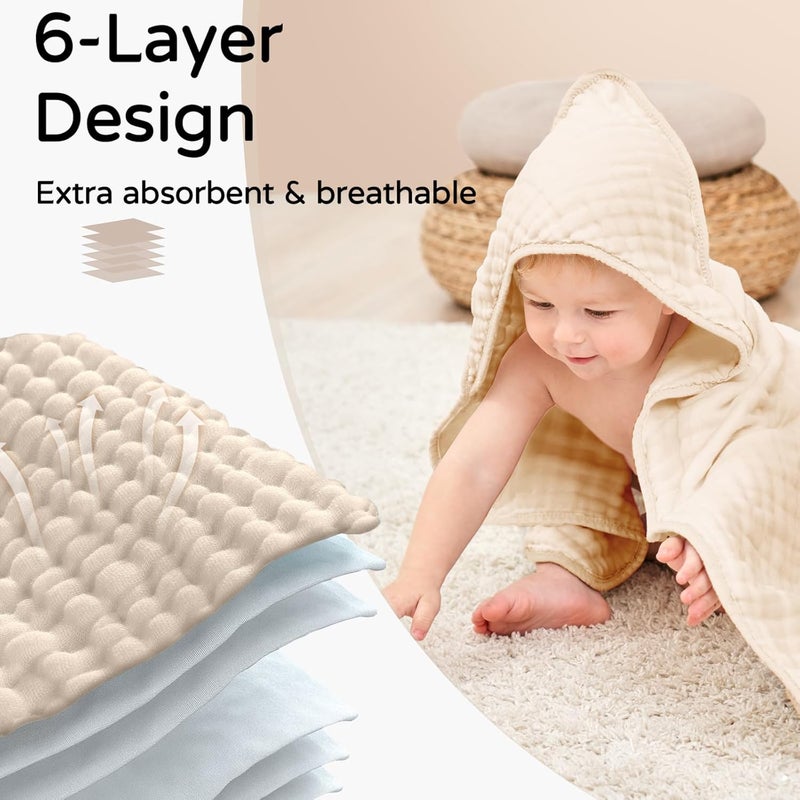 YOOFOSS Hooded Baby Towels for Newborn 2 Pack 100% Muslin Organic Cotton Baby Bath Towel with Hood for Babies, Infant, Toddler and Kids, 32x32Inch, Soft and Absorbent Newborn Essential,Apricot&Green - Image 4