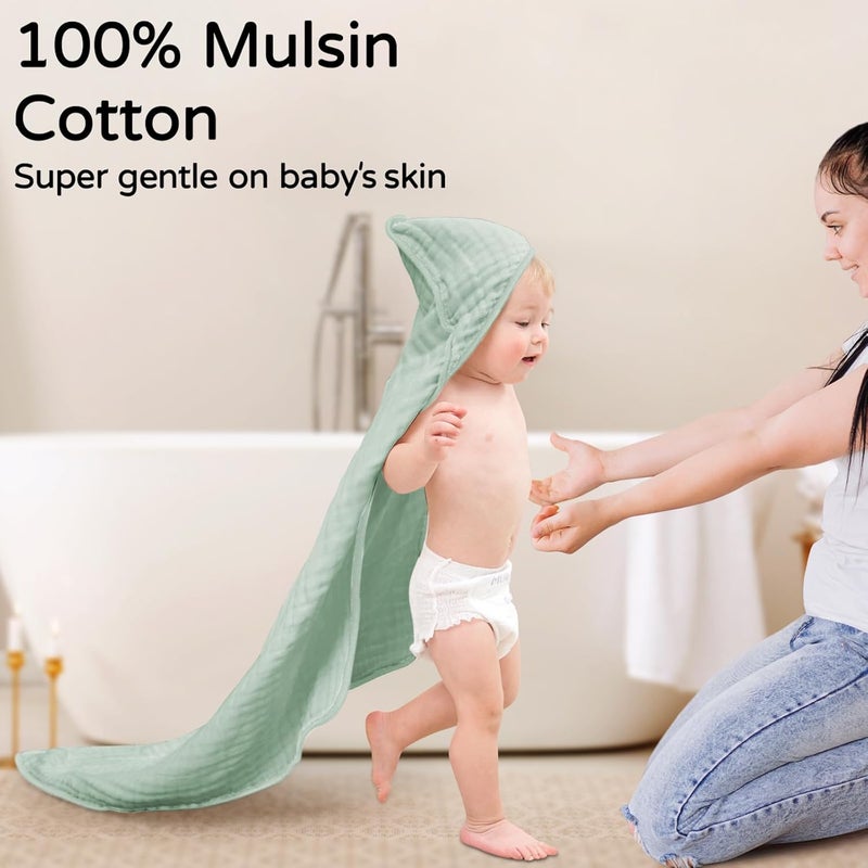 YOOFOSS Hooded Baby Towels for Newborn 2 Pack 100% Muslin Organic Cotton Baby Bath Towel with Hood for Babies, Infant, Toddler and Kids, 32x32Inch, Soft and Absorbent Newborn Essential,Apricot&Green - Image 2