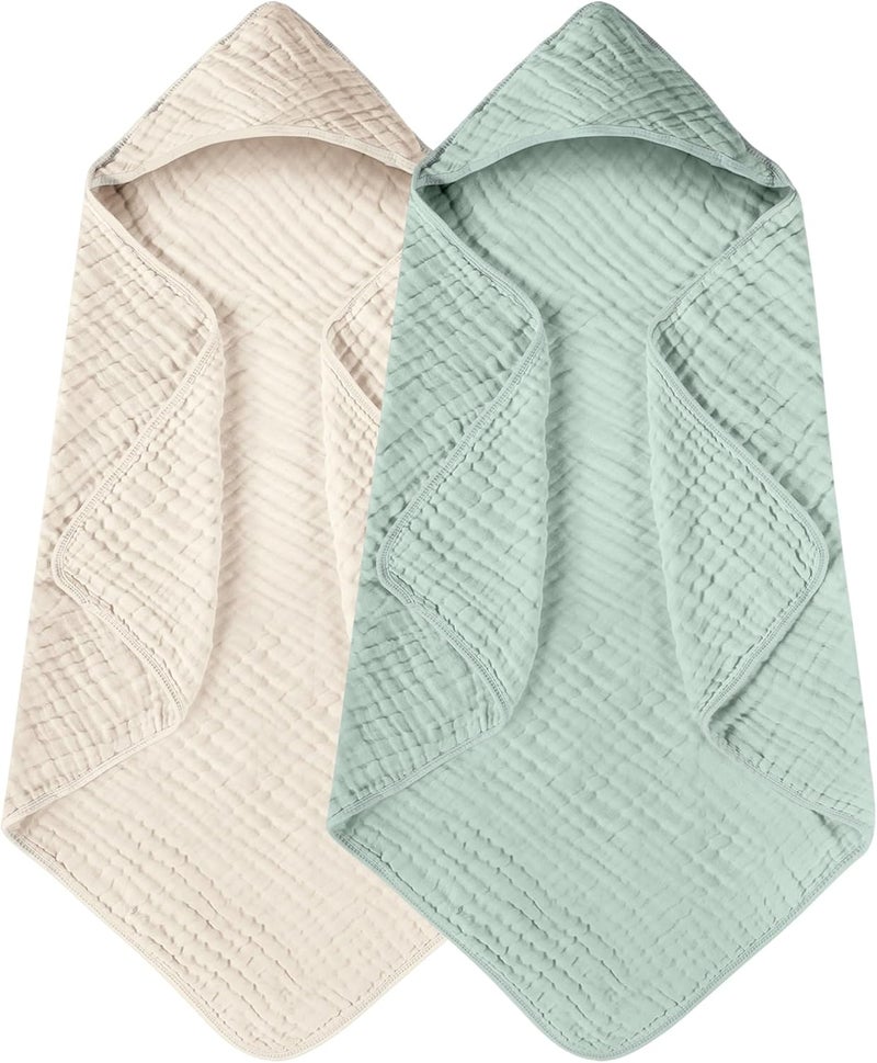 YOOFOSS Hooded Baby Towels for Newborn 2 Pack 100% Muslin Organic Cotton Baby Bath Towel with Hood for Babies, Infant, Toddler and Kids, 32x32Inch, Soft and Absorbent Newborn Essential,Apricot&Green - Image 1