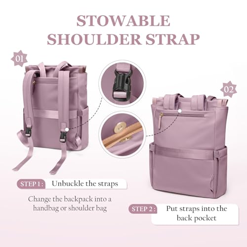 GOLF SUPAGS Convertible Laptop Backpack for Women Casual Daypack Notebook Tote Bag for Work College Travel Leisure (Pinkish Purple) - Image 4